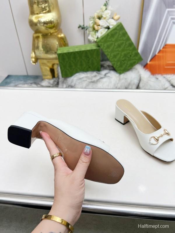 2025 Women Gucci White Leather Heeled Slippers MJ00180