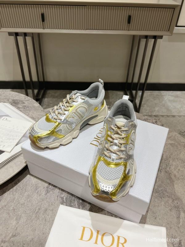 2025 Women Dior White Yellow Silver Mesh Leather Sneakers