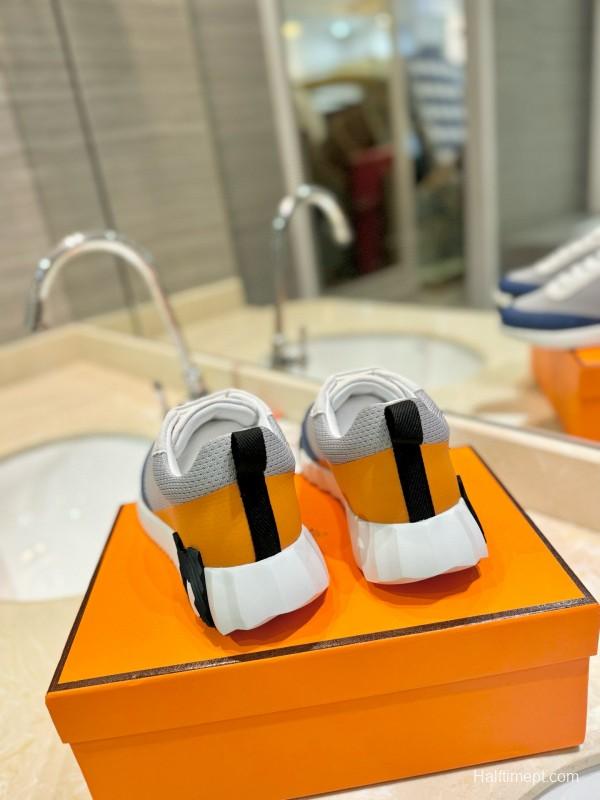 2024 Unisex Hermès Blue Grey Orange Suede Rain Cloth Sneakers MJ00320