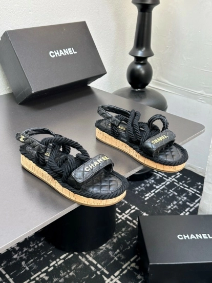 2025 Slippers Chanel Black Rope Leather Sandal LY00260