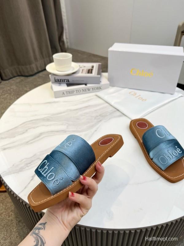 2025 Women Chloé Blue Denim Leather Slippers LY00200