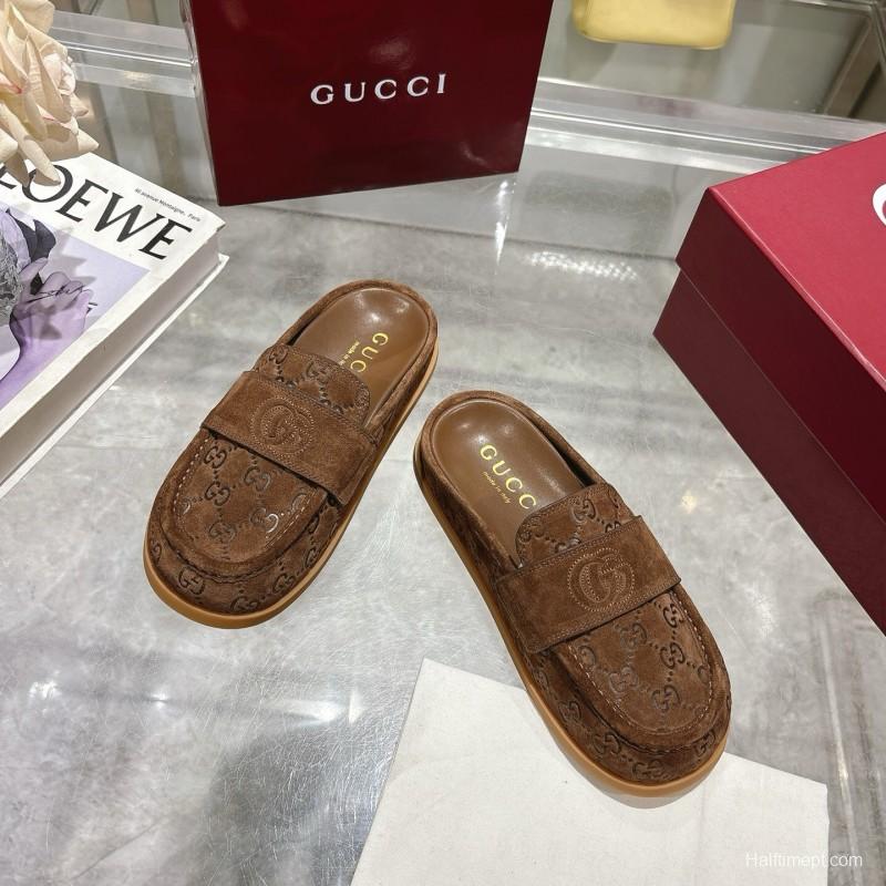 2025 Women Gucci Dark Brown Suede Mule Embossed GG LY00270