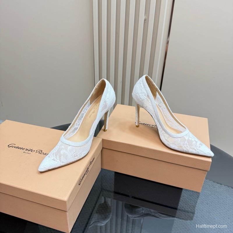 2025 Women Gianvito Rossi White Lace High Heel Shoes KFY00280
