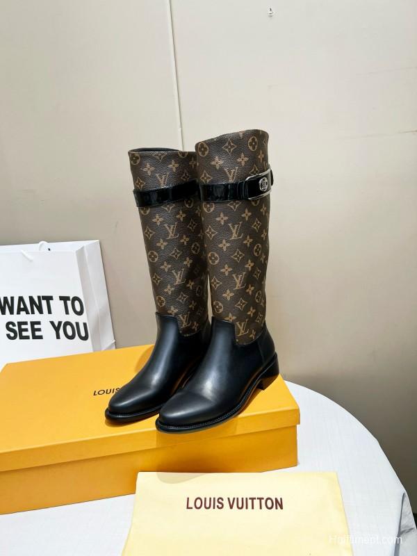 2024 Women Louis Vuitton Brown Black Leather Canvas Boots MJ00400