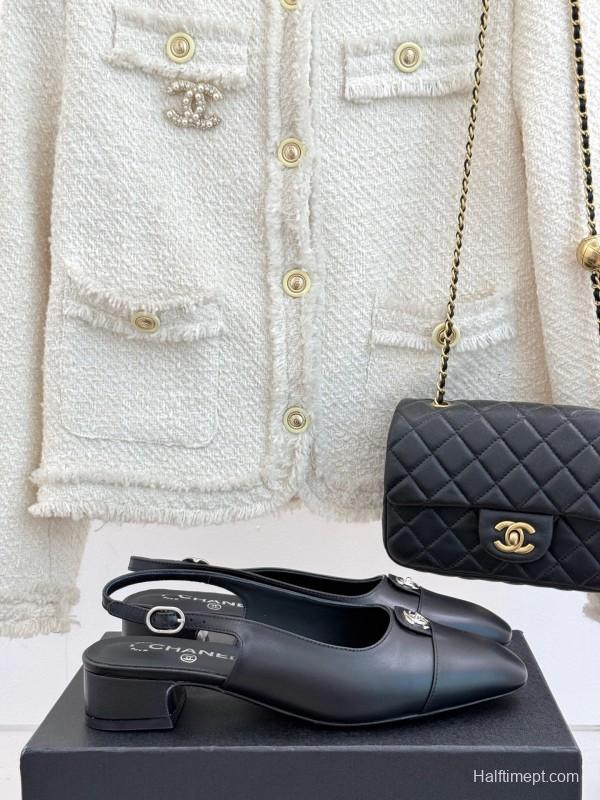 2025 Women Chanel Black Leather Slingback Flats