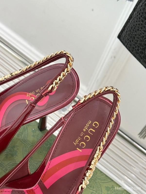 2025 Women Gucci Burgundy Patent Leather Slingback Chain High Heel KFY00300
