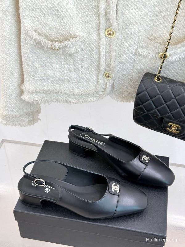 2025 Women Chanel Black Leather Slingback Flats