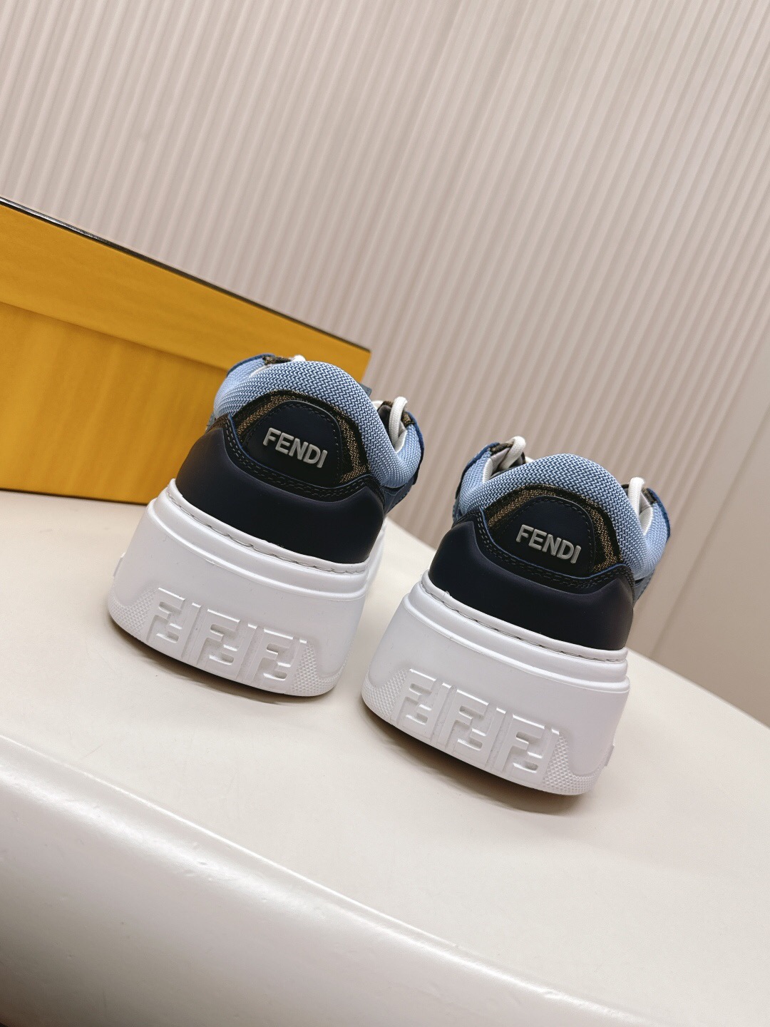 2025 Unisex Fendi Blue White Black Leather Mesh Plimsolls Embossed Badge