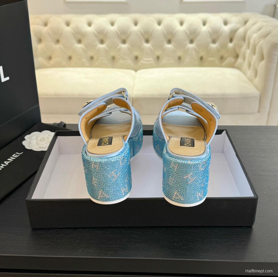 2025 Women Chanel Blue Denim Leather Platform Slippers LY00330