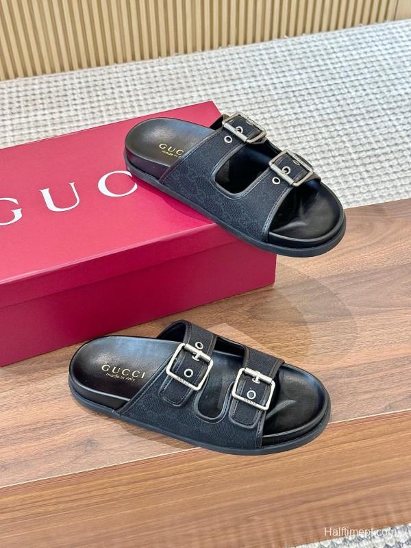 2025 Women Gucci Black Leather Slippers LY00240