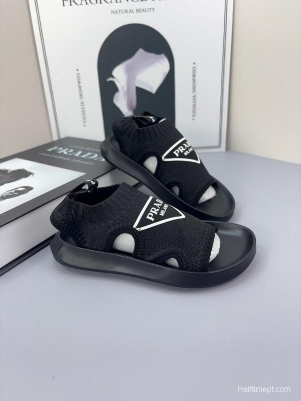 2025 Kids PRADA Black White Fabric Sandals
