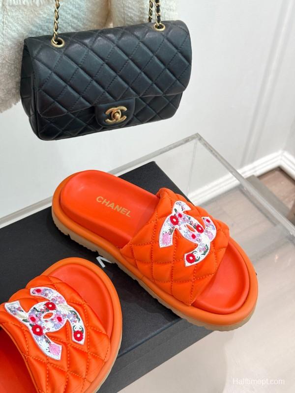 2025 Slippers Chanel Orange Leather Slippers KFY00260