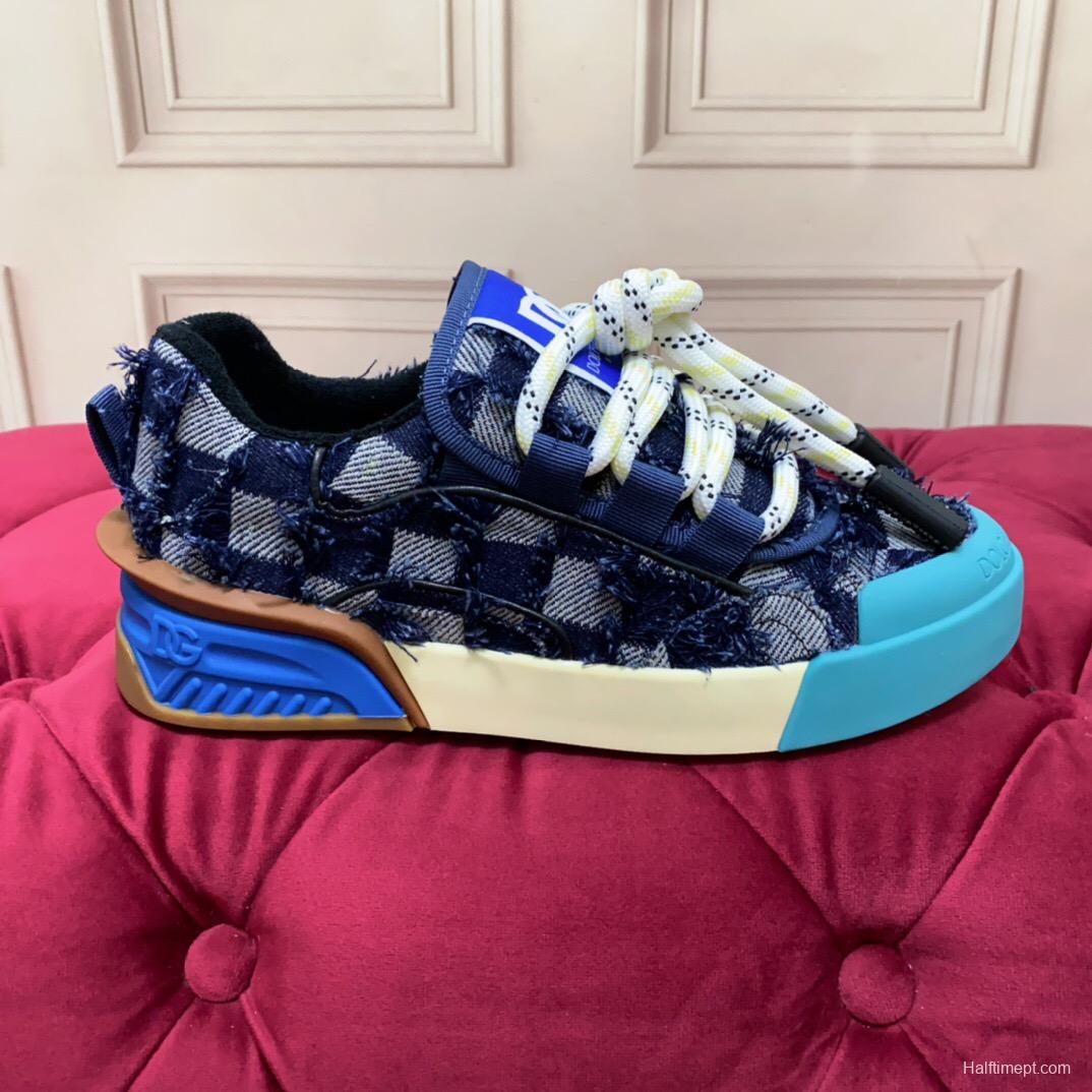 2025 Unisex Dolce & Gabbana Blue White Brown Denim Leather Sneakers