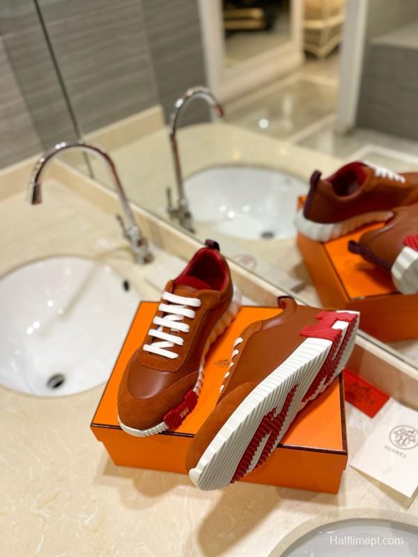 2024 Unisex Hermès Brown Red Imported Sheepskin Suede Silk Leather Casual Sneakers MJ00320