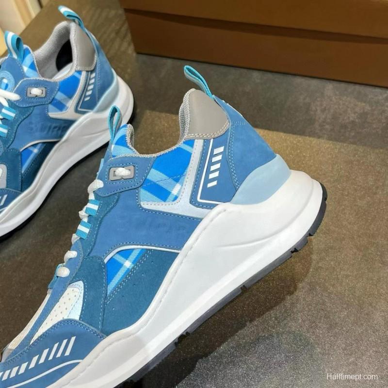 2025 Unisex Burberry Blue White Suede Leather Cotton Sneakers Retro Check MJ00380