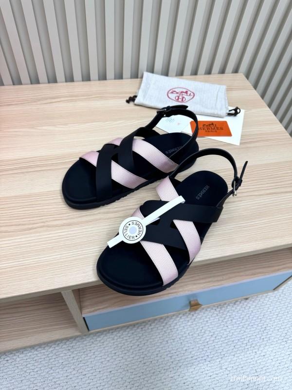 2025 Women Hermès Black Pink Leather Sandals LY00270