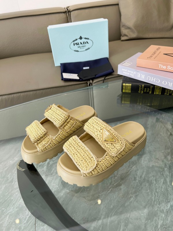 2025 Prada Beige Raffia Slippers LY00290