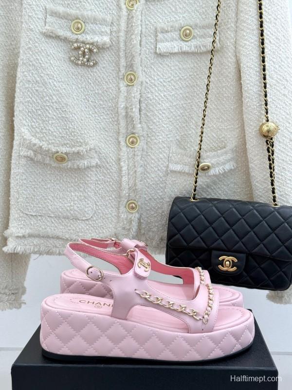 2025 Women Chanel Pink Lambskin Platform Sandals Chain Decoration