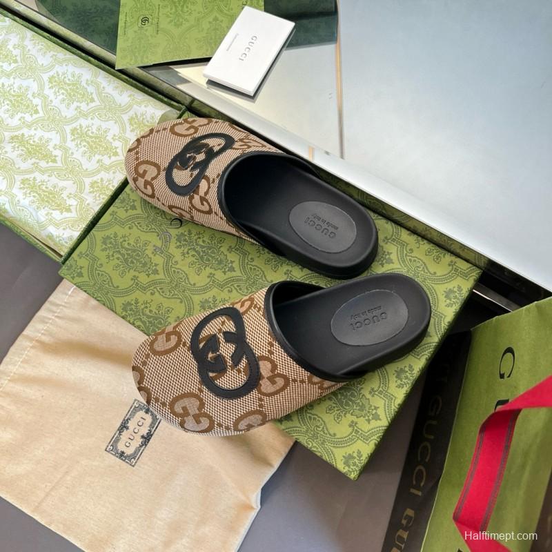 2024 Unisex Gucci Beige Brown Leather Slippers GG Pattern MJ00280