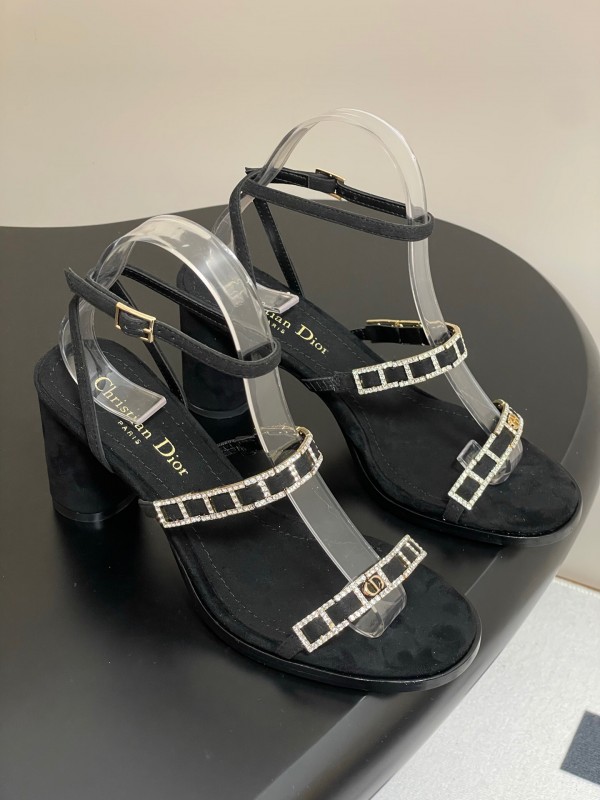 2025 Women Dior Black Suede Crystal Embellished Strap Sandals