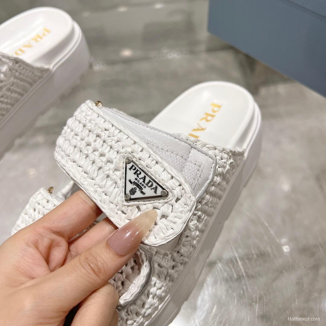 2025 Women Prada White Knit Leather Slippers