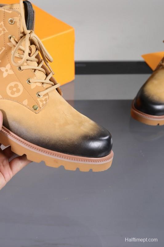 2024 Men Louis Vuitton Beige Black Leather Canvas Boots MJ00470