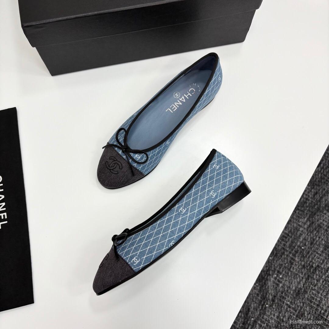 2025 Women Chanel Blue Black Fabric Leather Ballet Flats