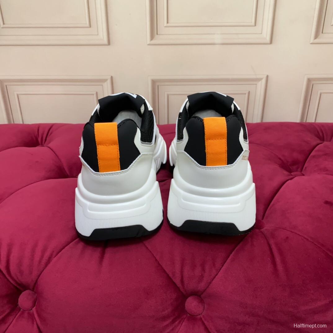 2025 Unisex Dolce & Gabbana White Black Orange Leather Lycra Sneakers LY00330(F)/LY00340(M)