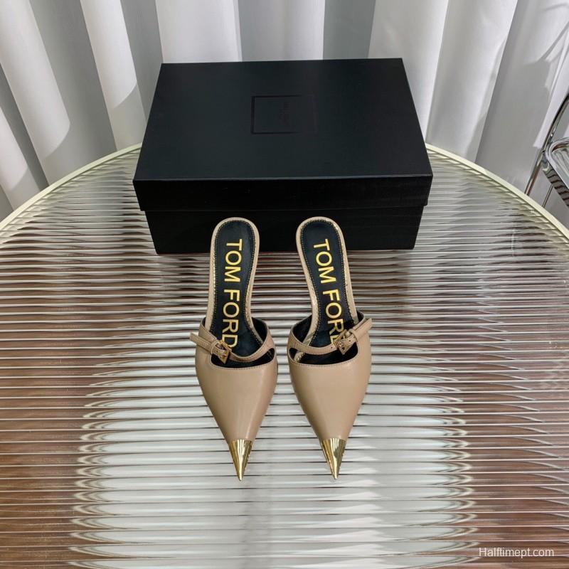2025 Women TOM FORD Beige Gold Leather Pointed Toe Mules KFY00300