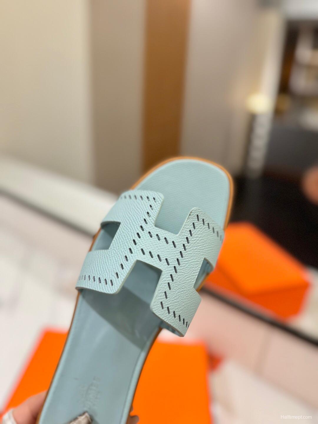 2025 Women Hermès Light Blue Leather Slippers