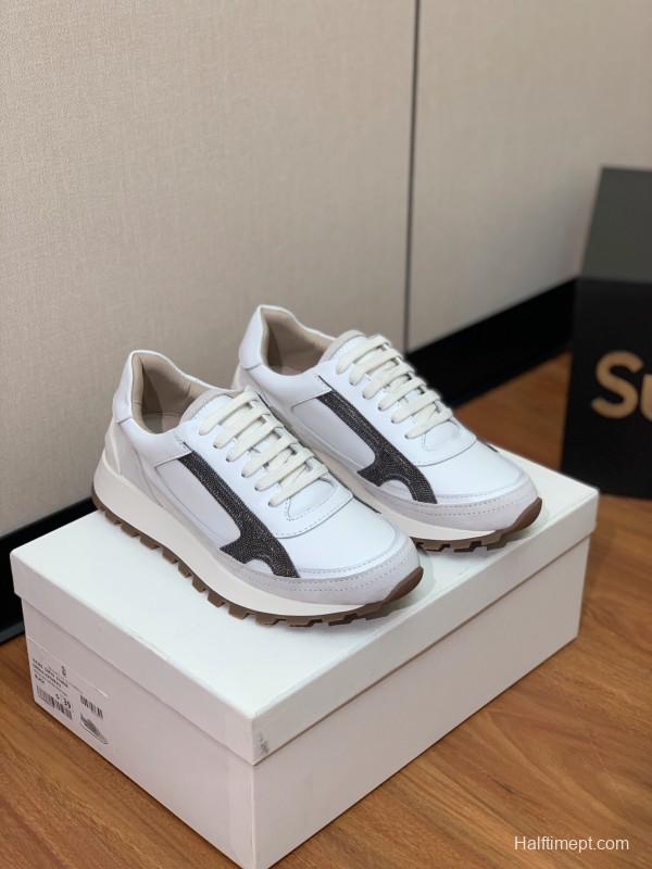 2025 Unisex Brunello Cucinelli White Grey Leather Suede Sneakers LY