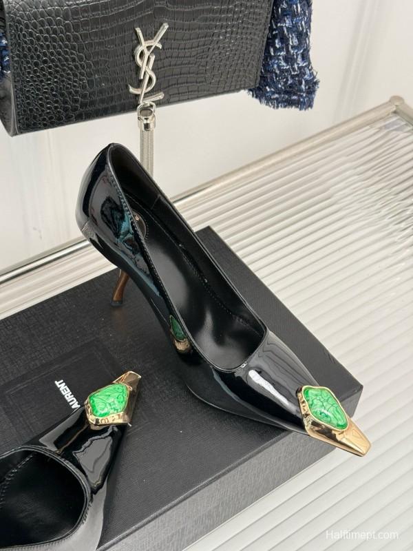 2024 Women Yves Saint Laurent Black Gold Patent Leather High Heels MJ00330