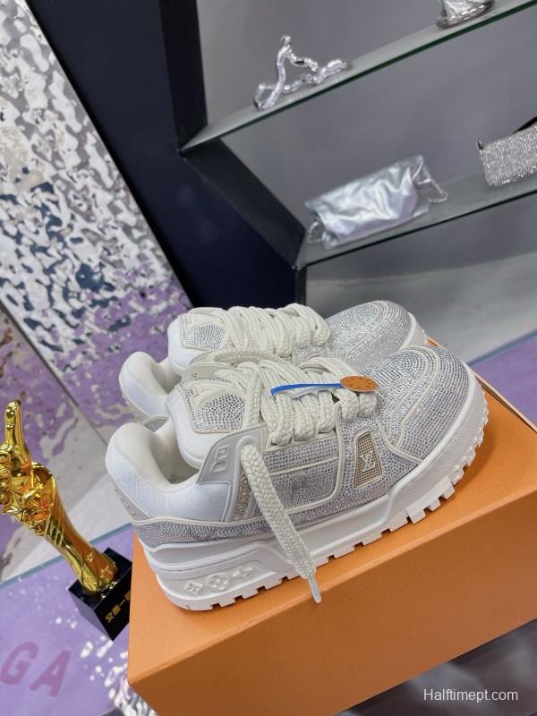 2024 Unisex Louis Vuitton White Silver Leather Trainers Crystal Embellished MJ00430