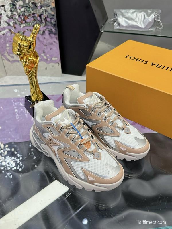 2025 Men Louis Vuitton Gradient Color Beige White Mesh Leather Sneakers MJ00420