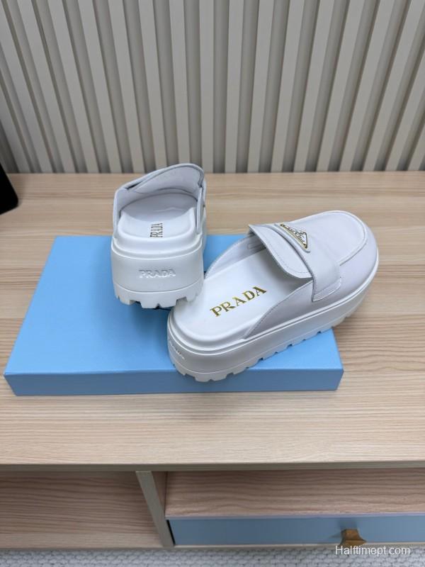 2025 Women Prada White Leather Slippers KFY00280