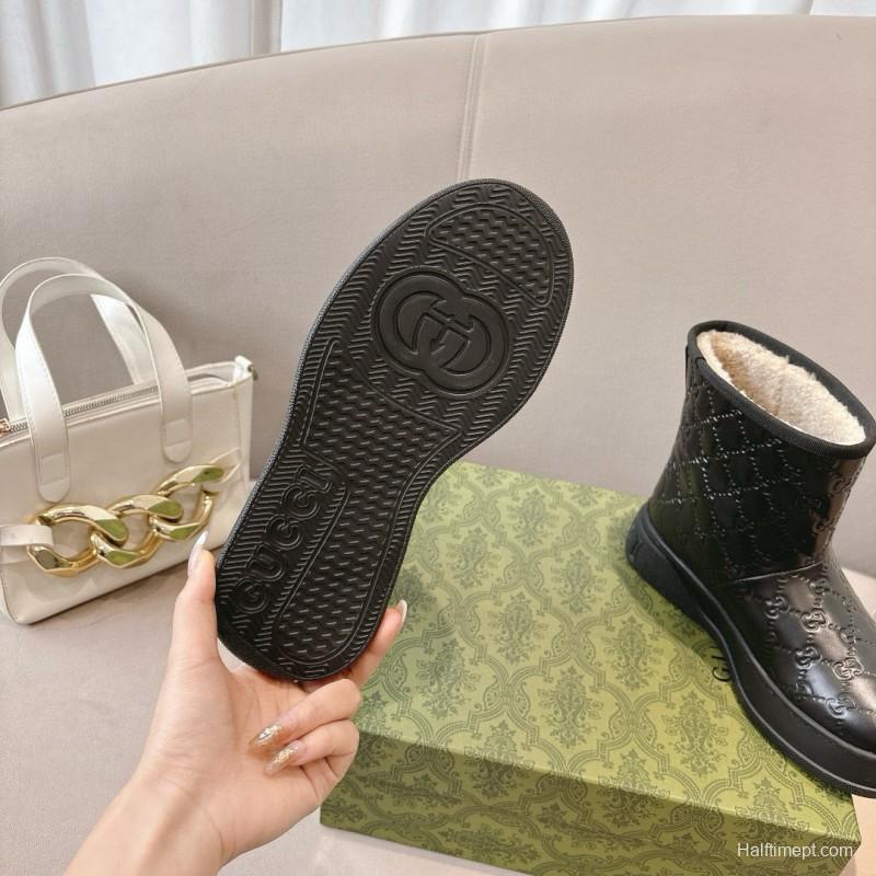 2024 Women Gucci Black Leather Suede Shearling Snow Boots MJ00350