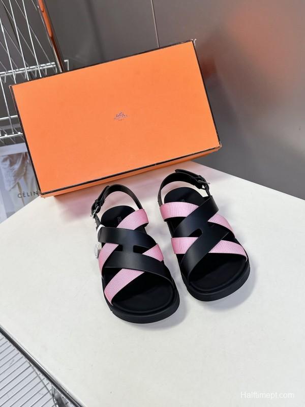 2025 Women Hermès Pink Black Leather Sandals