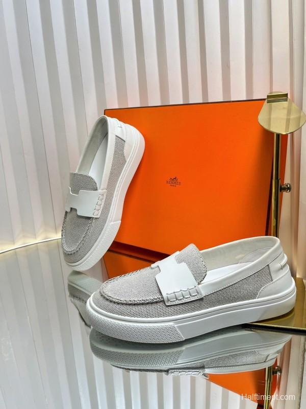 2025 Women Hermès White Mesh Leather Casual Loafers LY00310