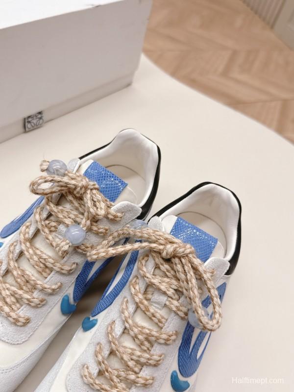 2025 Unisex Loewe White Blue Suede Mesh Casual Sneakers KFY00300