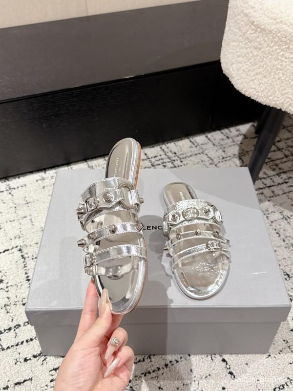 2025 Slippers Balenciaga Silver Leather Metal Buckle KFY00289