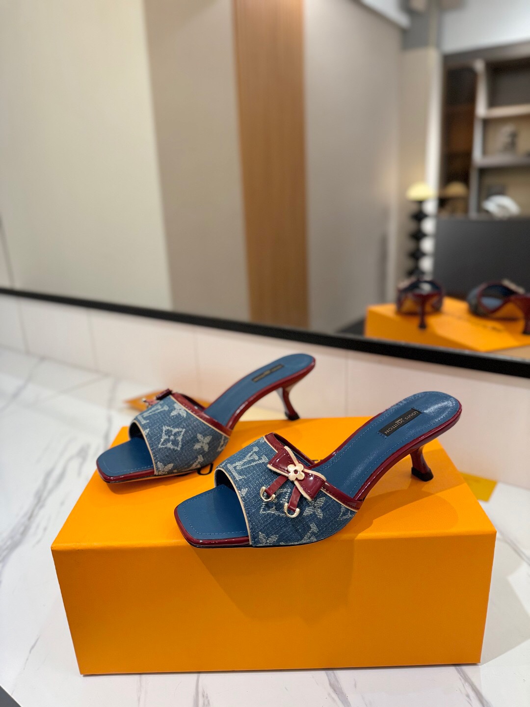 2025 Women Louis Vuitton Blue Denim Leather Mules