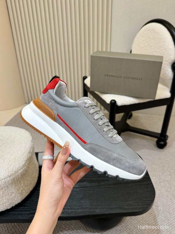 2025 Men Brunello Cucinelli Grey White Brown Suede Mesh Sneakers AS00320