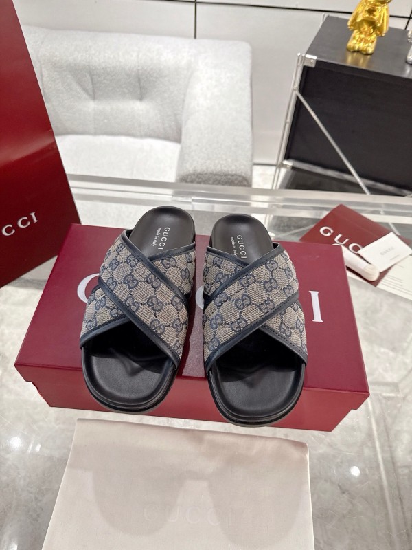 2025 Unisex Gucci Grey Black Canvas Slippers Double G Embossed AS00240