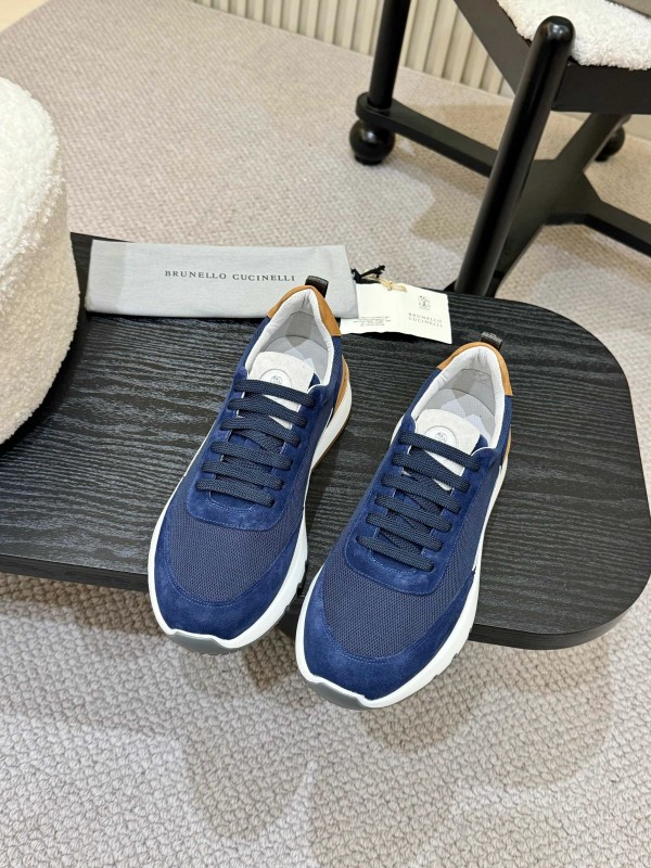 2025 Men Brunello Cucinelli Navy White Brown Calfskin Leather Sneakers AS00320