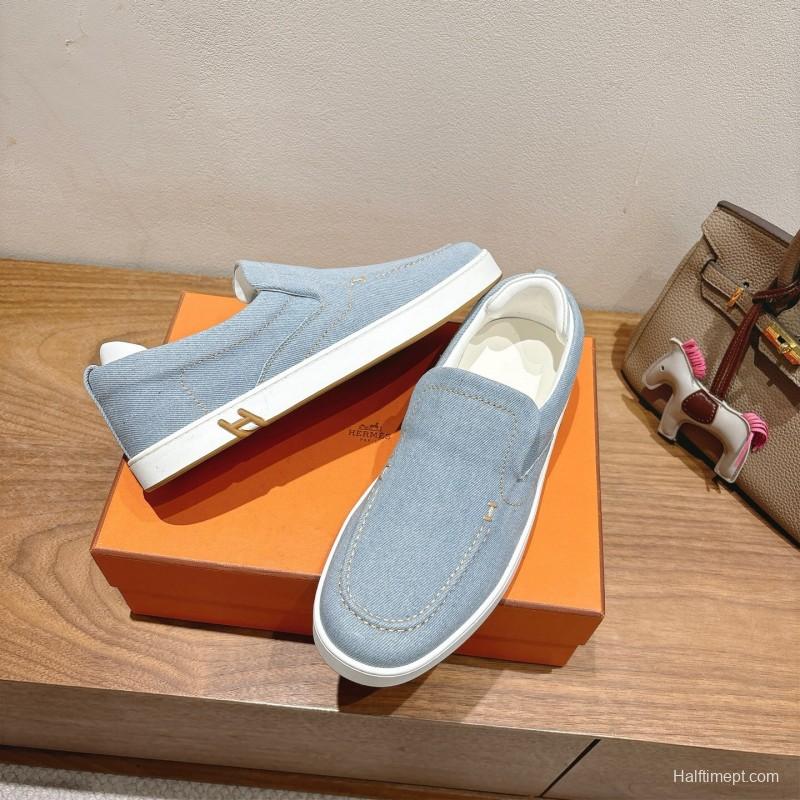2025 Unisex Hermès Light Blue Canvas Leather Loafers AS00380