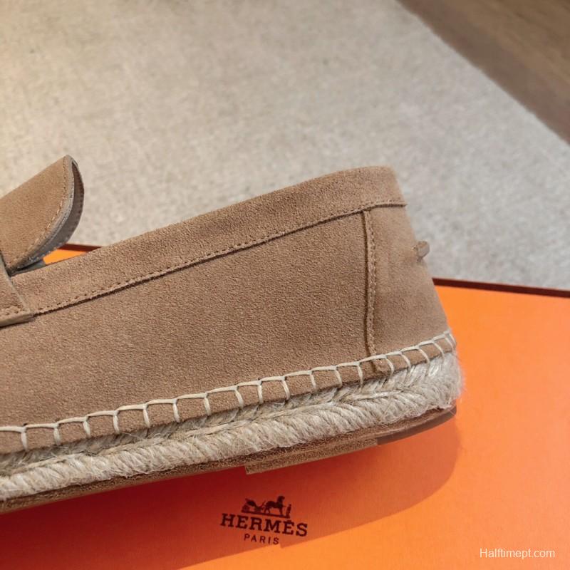 2025 Unisex Hermès Beige Calfskin Suede Loafers AS00380
