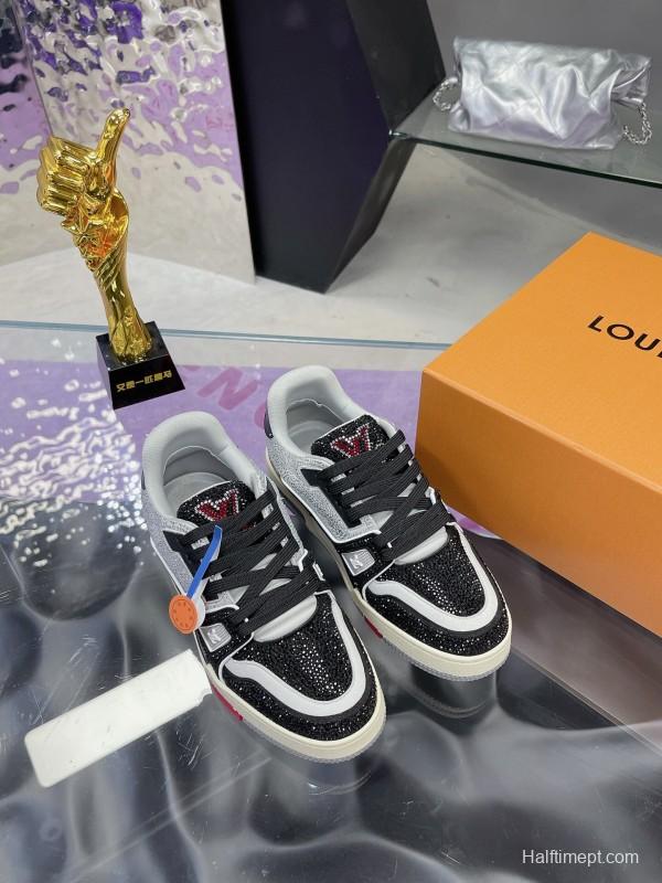 2025 Unisex Louis Vuitton Black White Leather Denim Plimsolls Handcrafted Diamonds AS00400