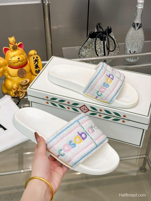 2025 Unisex CASA BLANCA White Fabric Slippers Embroidery KFY00160