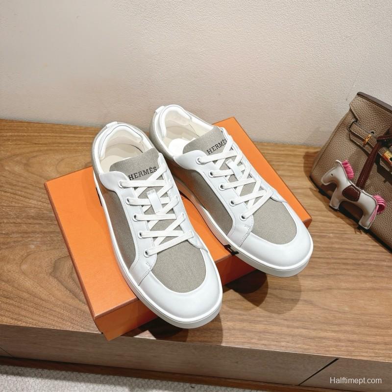 2025 Unisex Hermès White Light Grey Leather Fabric Sneakers AS00380