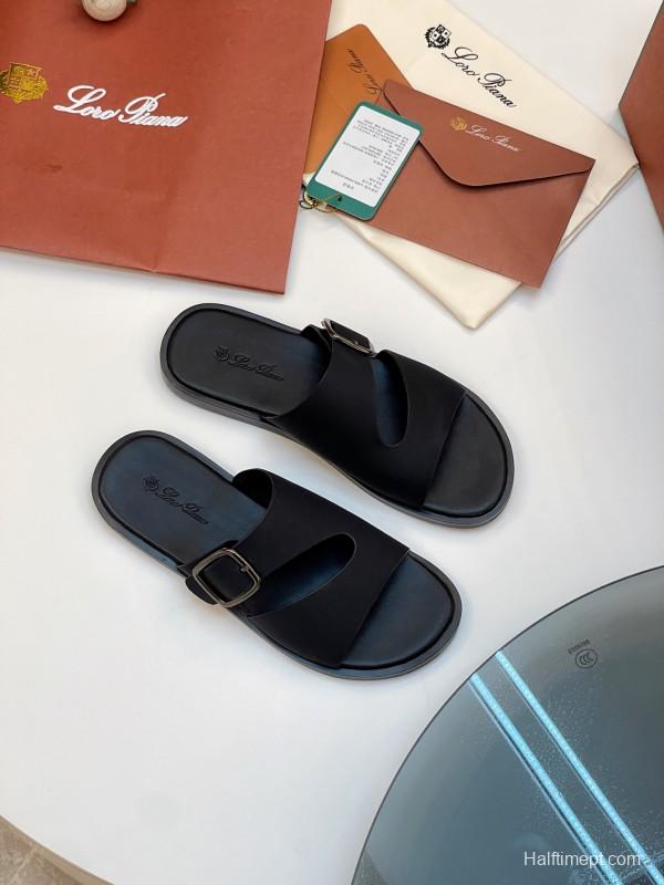 2025 Men Loro Piana Black Leather Slippers Buckle AS00250